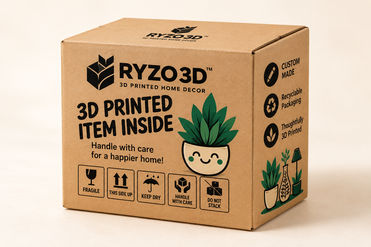 RYZO3D kraft carton packaging mockup with smiling planter
